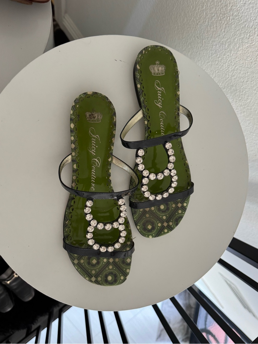 Juicy Couture Green and Navy Jeweled Slide Sandals